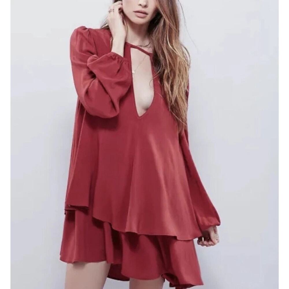 New Free People Made In Philadelphia Beck Long Sleeve Mini Dress $128 Small Red